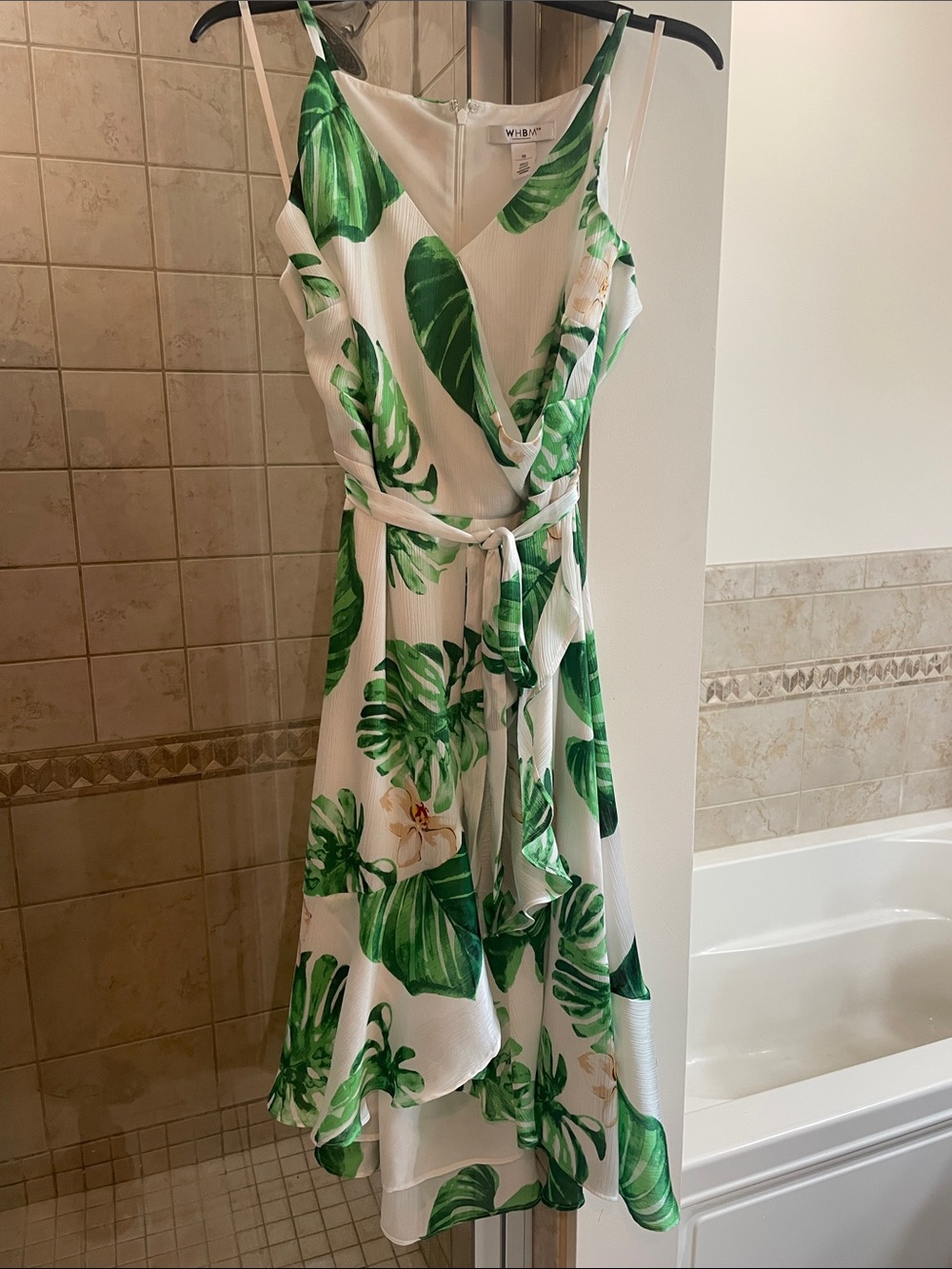 White House Black Market Green Leaf Print Tie-Waist Summer Dress